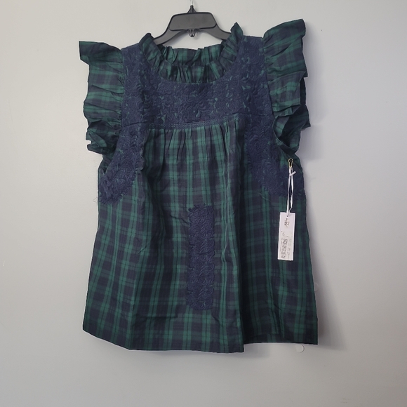 J.Marie Joyce Embroidered Ruffle Neck Cap Sleeve Plaid Top - Picture 7 of 12